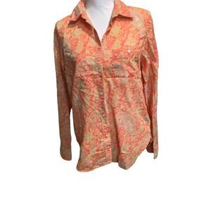 Lauren Ralph Lauren  Orange Floral Long Roll Tab Sleeve Pockets‎ Blouse  Large